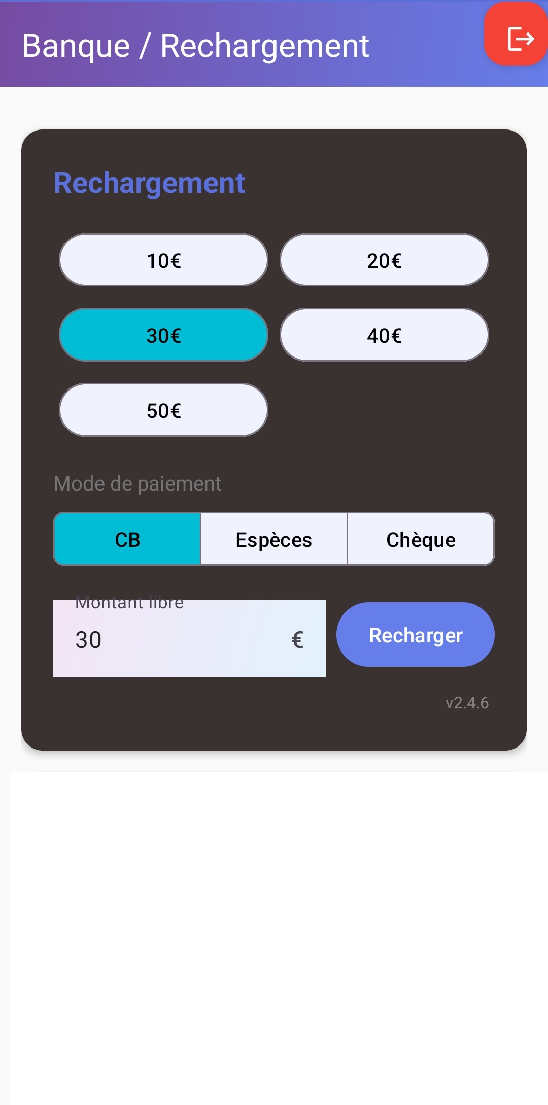 Rechargement du bracelet par carte bancaire ou espèces
