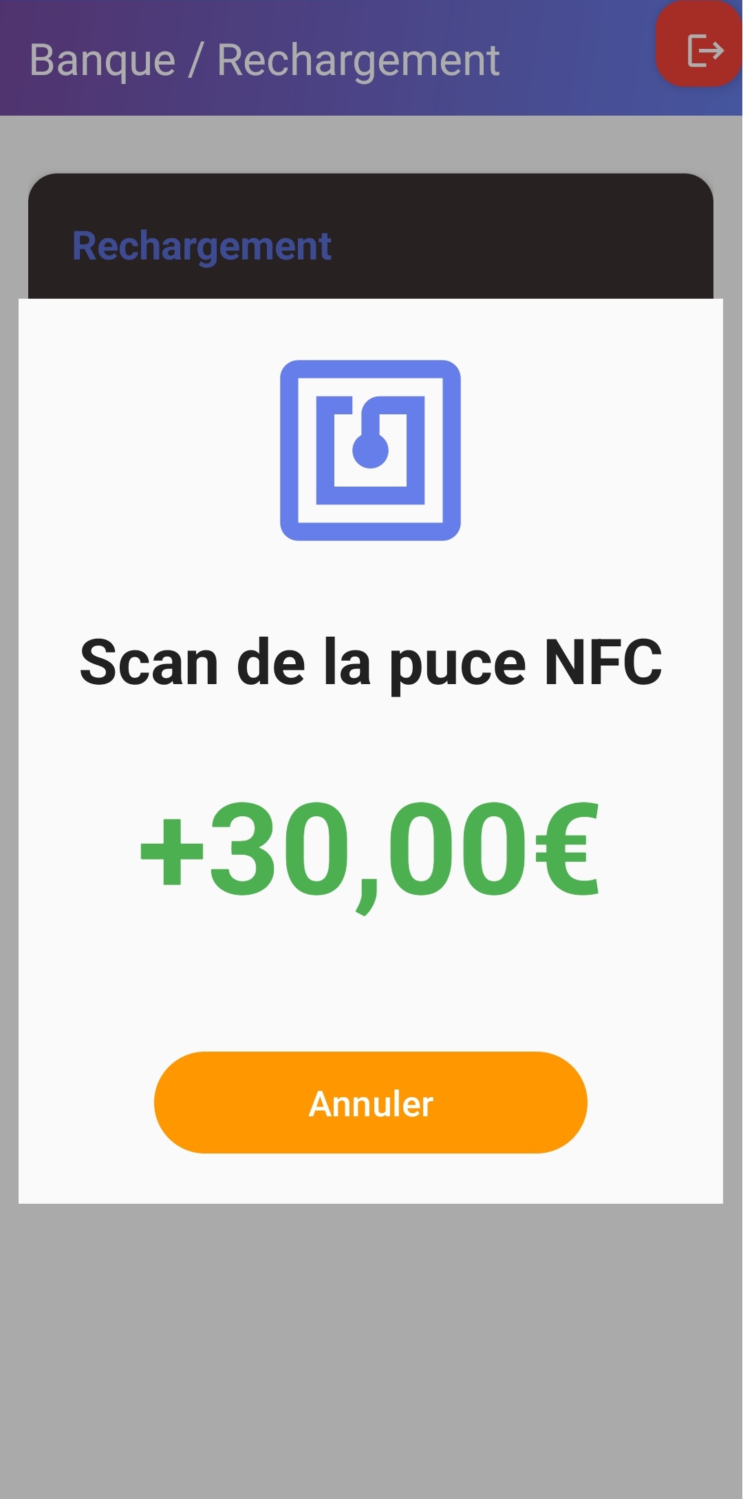 Scan de la puce NFC au point de rechargement