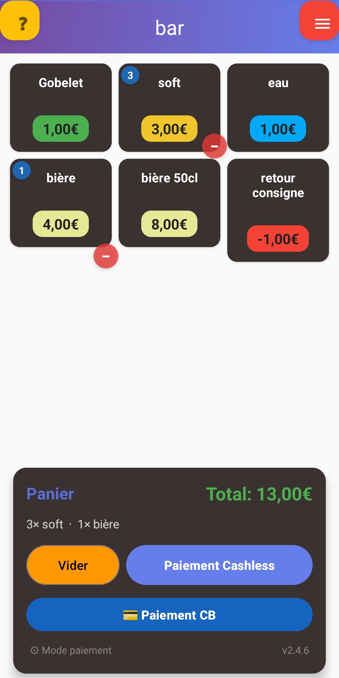 Encaissement mixte carte bancaire et cashless au bar