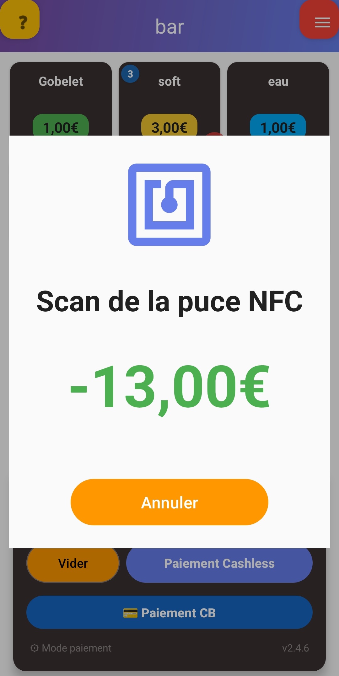 Scan de la puce NFC du bracelet par le barman